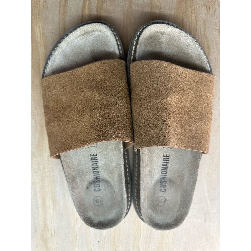 Cushionaire Slide Sandals‎ Suede Insole Leather Black Mens 7.5 M Tan Cork Sole